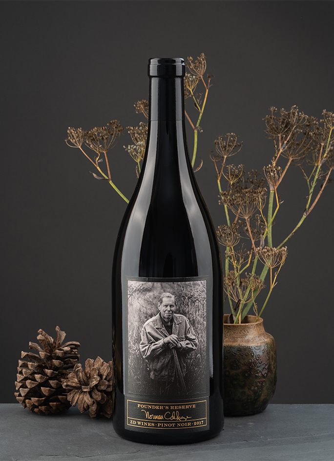 A 3-liter bottle of 2017 Founder's Reserve Pinot Noir on a festive table