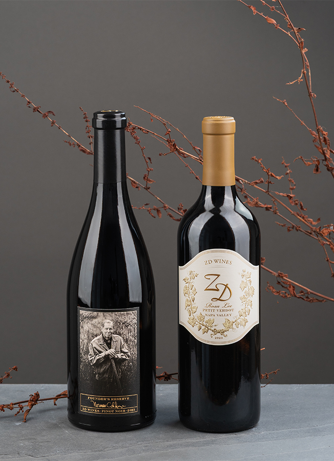 A bottle of ZD Founder's Reserve Pinot Noir and Rosa Lee Petit Verdot