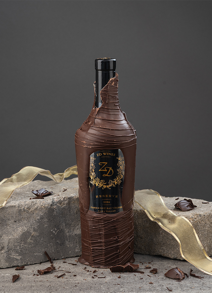 A chocolate-covered bottle of 2021 ZD Reserve Cabernet Sauvignon