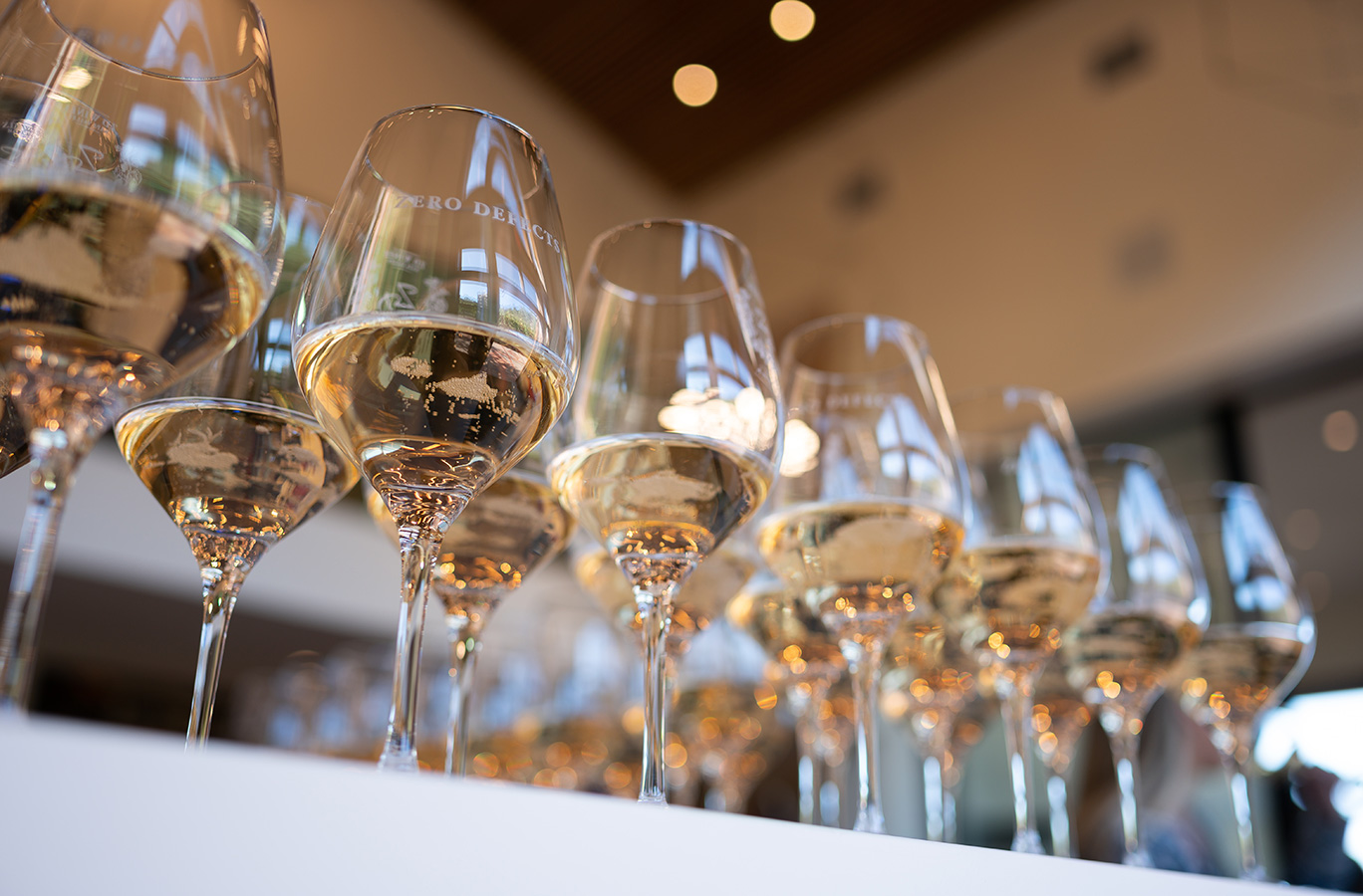 Looking up from the bottom of sparkling wine filled in ZD wine glasses