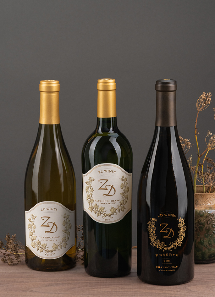 A bottle of ZD Sauvignon Blanc, Chardonnay, and Reserve Chardonnay