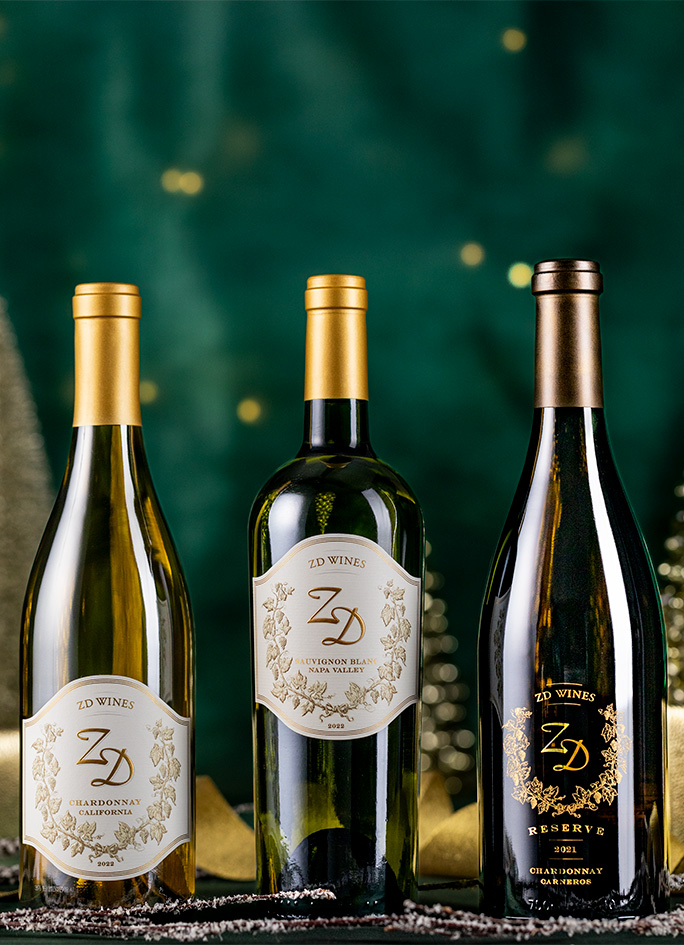 A bottle of ZD Sauvignon Blanc, Chardonnay, and Reserve Chardonnay
