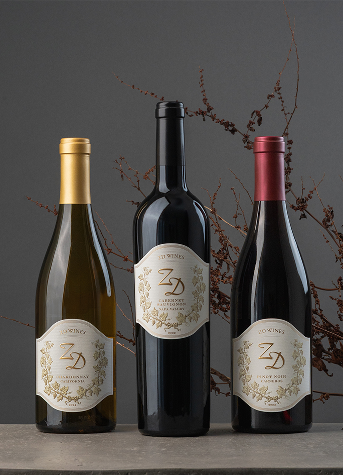 A bottle of ZD Chardonnay, Pinot Noir, and Cabernet Sauvignon