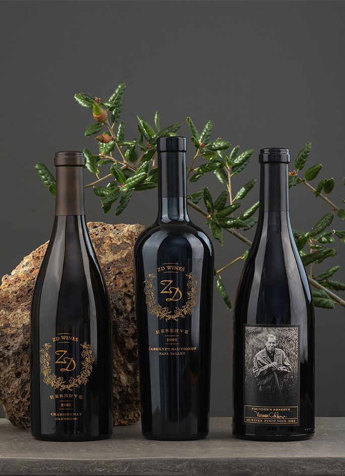 A bottle of ZD Chardonnay, Pinot Noir, and Cabernet Sauvignon
