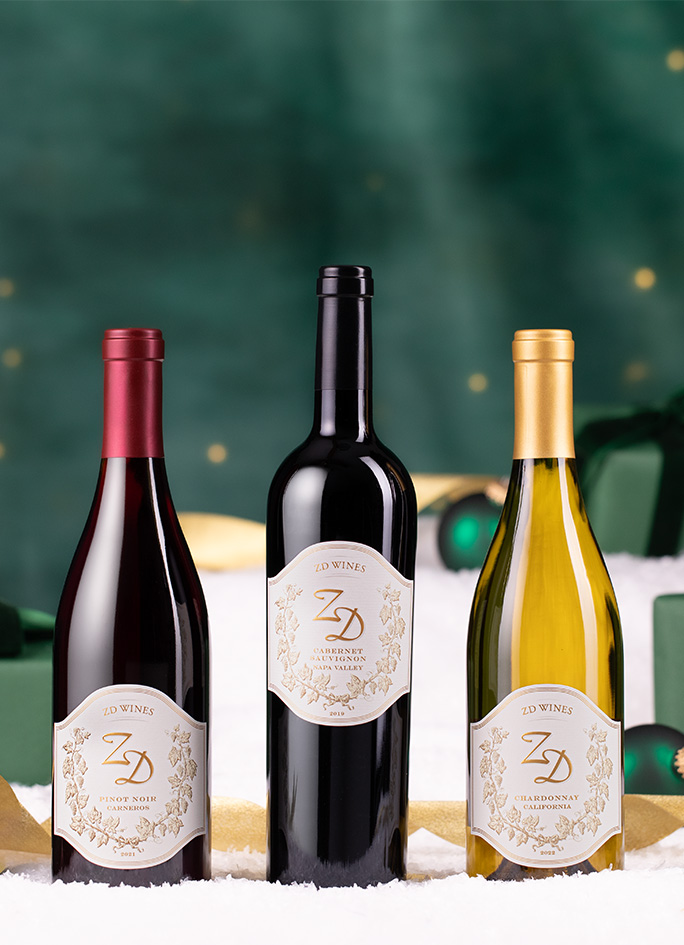 A bottle of ZD Chardonnay, Pinot Noir, and Cabernet Sauvignon