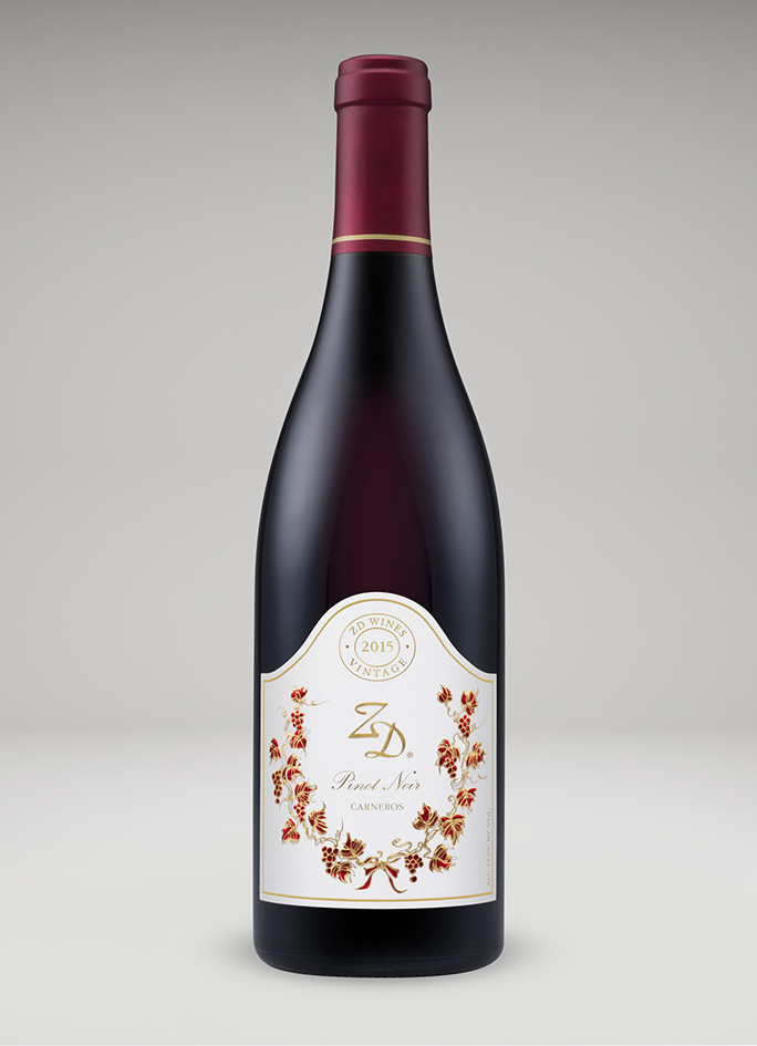A bottle of 2015 ZD Pinot Noir, Carneros