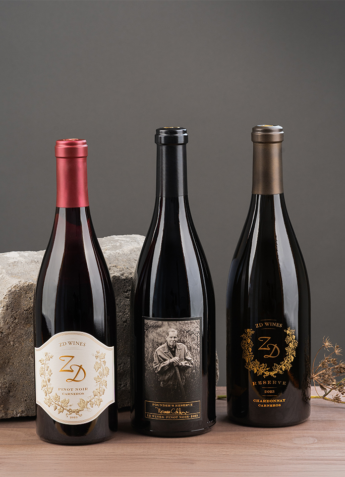 3 of ZD's Carneros wines: Pinot Noir, Reserve Chardonnay, and Founder's Reserve Pinot Noir