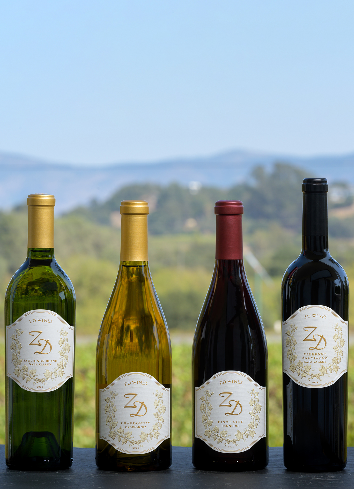A bottle of ZD Sauvignon Blanc, Chardonnay, Pinot Noir, and Cabernet.